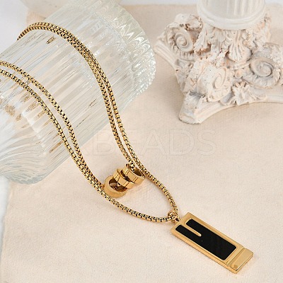 Ion Plating(IP) 304 Stainless Steel Black Enamel Rectangle Pendant Chain Necklaces for Women NJEW-M078-04-1