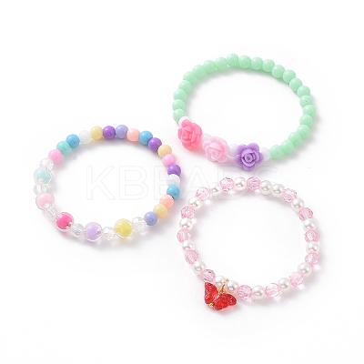 3Pcs 3 Style Acrylic Flower & Imitation Pearl Beaded Stretch Bracelets Set BJEW-JB09105-1