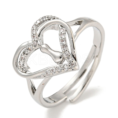 Heart with Letter Rack Plating Brass Micro Pave Clear Cubic Zirconia Adjustable Rings for Women RJEW-I105-01P-I-1