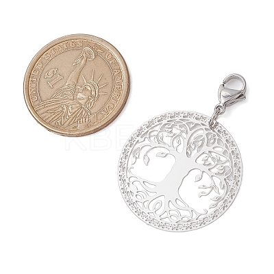 201 Stainless Steel Flat Round with Tree of Life Pendant Decorations HJEW-JM02521-1