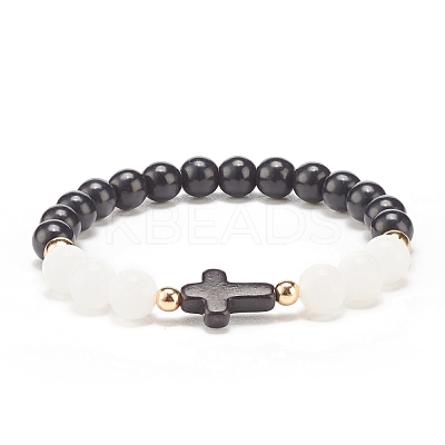Natural White Jade & Synthetic Turquoise(Dyed) Stretch Bracelet with Cross BJEW-JB08295-01-1
