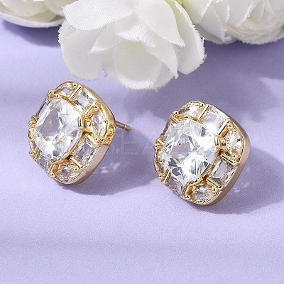 Brass Pave Clear Cubic Zirconia & Glass Stud Earrings EJEW-G471-03G-01-1
