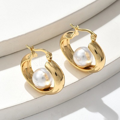 304 Stainless Steel & ABS Plastic Imitation Pearl Huggie Hoop Earrings EJEW-S253-24G-1