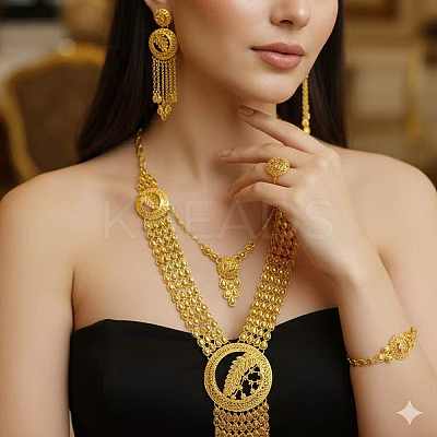 Luxury Alloy Hollow Round & Leaf Bracelets & Earrings & Necklaces & Rings Sets for Women EN7968-1