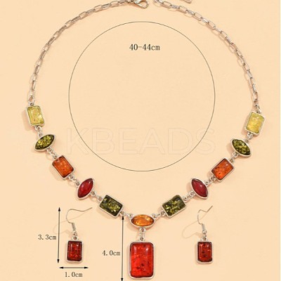 Rectangle Horse Eye Alloy & Resin Pendant Necklaces & Dangle Earrings Sets FS-WGE4E7B-01-1