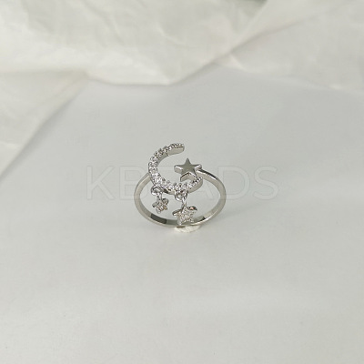 Star & Moon Rhodium Plated 925 Sterling Silver Micro Pave Clear Cubic Zirconia Cuff Rings FS-WGB6FCD-01-1