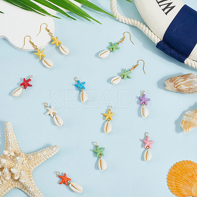 40Pcs Starfish Dyed Synthetic Turquoise & Natural Cowrie Shell Pendants PALLOY-SC0004-41-1
