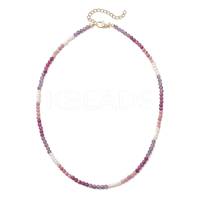 3.5MM Faceted Round Natural Amethyst & Rhodonite and Potato Natural Pearl Beaded Necklaces with 304 Stainless Steel End Chains NJEW-JN05974-02-1