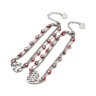 Red Enamel Evil Eye & 304 Stainless Steel Curb Chains Double Layer Multi-strand Bracelet with Charm for Women BJEW-C025-09P-1