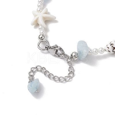Summer Natural Dyed Aquamarine & Round White Jade & Natural Sea Shell & Shell Pearl & Synthetic Turquoise Starfish Beaded Anklets AJEW-AN00693-1