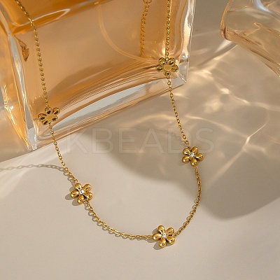 304 Stainless Steel Crystal Rhinestone Flower Link Chain Necklaces for Women NJEW-A059-02G-1