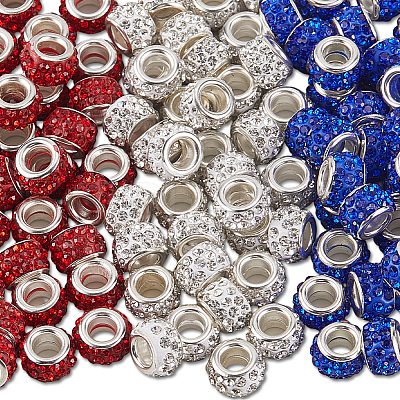 120Pcs 3 Colors Polymer Clay Rhinestone European Large Hole Beads with Silver Color Plated Brass Cores FPDL-LT0001-01A-1
