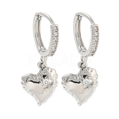Heart Brass Micro Pave Clear Cubic Zirconia Huggie Hoop Dangle Earrings for Women LS-AJEW-U003-03P-1