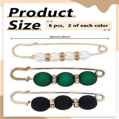 6Pcs 3 Colors Imitation Pearl Safety Pin Brooches JEWB-LP0004-98-1