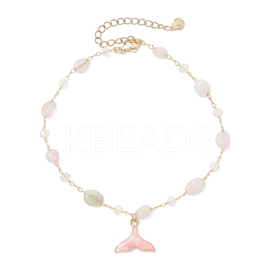 4Pcs 4 Styles Brass Handmade Natural Morganite & Amethyst & Labradorite & Green Onyx Agate(Dyed & Heated) Nuggets Link Chain Alloy Enamel Whale Tail Charm Anklets for Women AJEW-AN00709-1