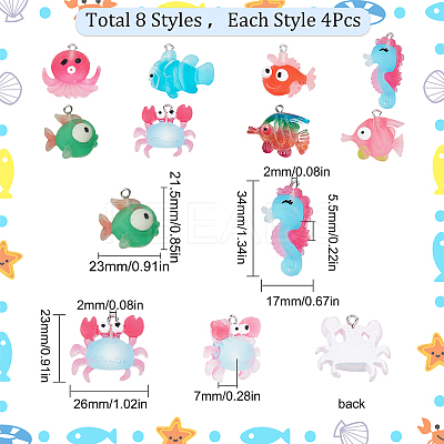 32Pcs 8 Styles Ocean Theme Opaque Resin Pendants RESI-SC0002-37-1