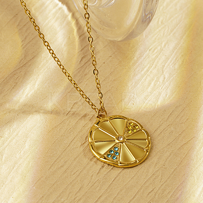 Elegant Stainless Steel Rhinestone Flat Round Orange Pendant Necklaces for Women GR8517-1-1