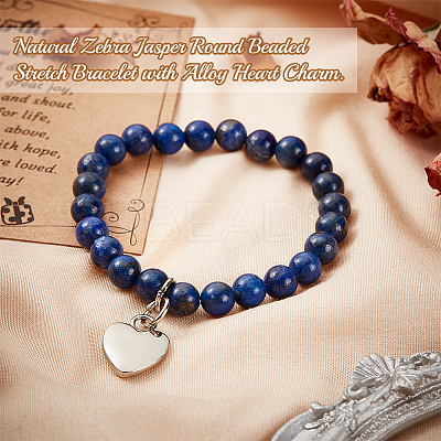 Natural Lapis Lazuli Round Beaded Stretch Bracelet with Alloy Heart Charm BJEW-OC0001-09D-1