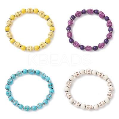 4Pcs 4 Colors Halloween Dyed Synthetic Turquoise Skull & Round Beaded Stretch Bracelet Sets for Men Women BJEW-JB12255-1