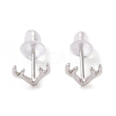 Anti-Tarnish Rhodium Plated Antler Shape 999 Fine Silver Stud Earrings for Women EJEW-S215-07P-1