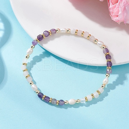 Natural Rose Quartz & Natural AmethystCube Beaded Stretch Bracelets for Women BJEW-JB13390-01-1