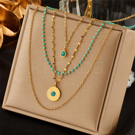 304 Stainless Steel & Synthetic Turquoise Pendant Multi Layered Necklaces for Women FS-WG34384-05-1