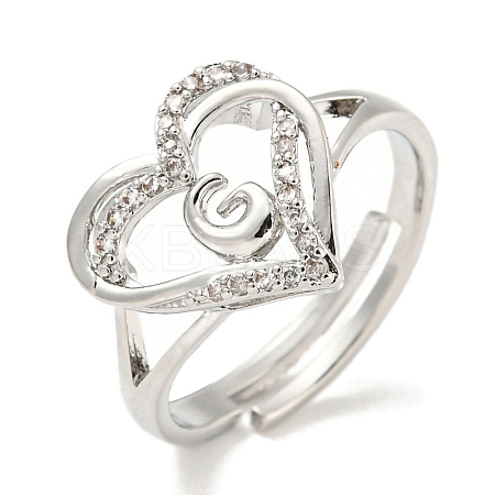 Heart with Letter Rack Plating Brass Micro Pave Clear Cubic Zirconia Adjustable Rings for Women RJEW-I105-01P-G-1