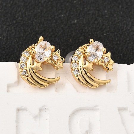 Brass Micro Pave Clear Cubic Zirconia Moon Stud Earrings EJEW-C158-10G-1