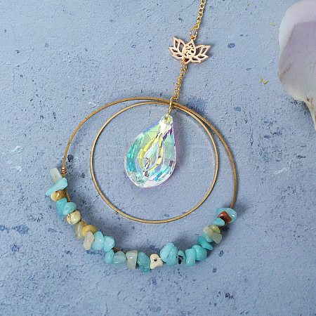 Double Round Ring Chip Natural Flower Amazonite Window Hanging Pendant Decorations G-PW0007-089D-1