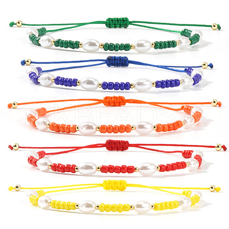 5Pcs Glass Seed Bead & Plastic Imitation Pearl Beads Braided Bracelets for Women JS2905-6-1