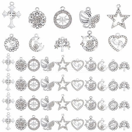50Pcs 10 Style Platinum Tone Alloy Rhinestone Pendants Sets ALRI-PH0001-28-1