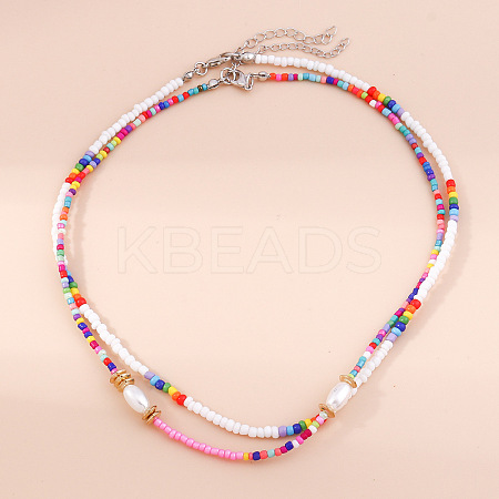 2Pcs Oval Glass Seed Beaded with Plastic Pearl Beaded Necklace Sets for Women FS-WGE85A7-03-1