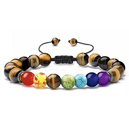 Adjustable Handstring Chakra Round Natural Tiger Eye Yoga Braided Bead Bracelets for Women Men LN5324-7-1