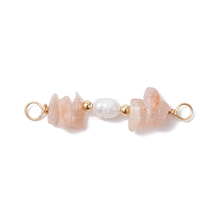 Natural Sunstone Chip & Natural Cultured Freshwater Pearl Rice Beaded Connector Charms PALLOY-JF03707-02-1