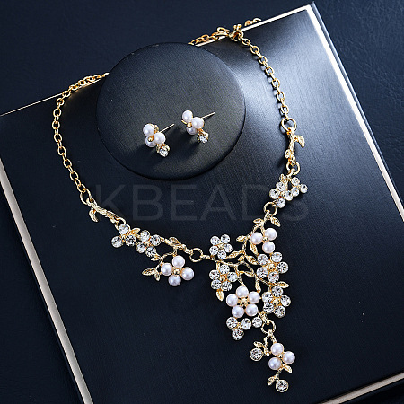 Alloy Rhinestone & Imitation Pearl Floral Necklace & Stud Earrings Sets for Women WGA95B7-02-1