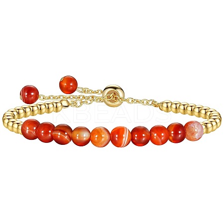 Natural Red Agate 304 Stainless Steel Round Beaded Adjustable Slider Bracelets for Men Women AW1156-1-1