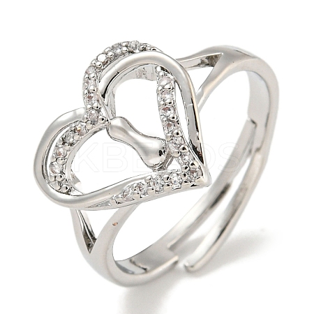 Heart with Letter Rack Plating Brass Micro Pave Clear Cubic Zirconia Adjustable Rings for Women RJEW-I105-01P-I-1