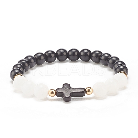 Natural White Jade & Synthetic Turquoise(Dyed) Stretch Bracelet with Cross BJEW-JB08295-01-1