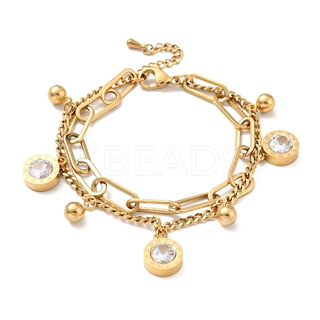 Clear Cubic Zirconia and Round Ball Charm Multi-strand Bracelet BJEW-G639-13G-1