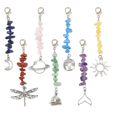 7Pcs Natural Gemstone & Glass & Alloy Pendant Decorations HJEW-YW00105-1