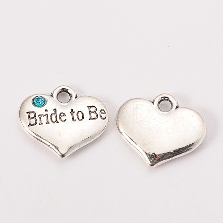 Wedding Theme Antique Silver Tone Tibetan Style Heart with Bride to Be Rhinestone Charms TIBEP-N005-10C-1