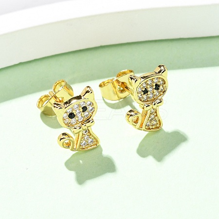 Brass Micro Pave Cubic Zirconia Cat Shape Stud Earrings EJEW-K267-30G-1