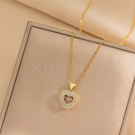Heart 304 Stainless Steel Micro Pave Cubic Zirconia Pendant Necklaces for Women LS-NJEW-D288-05G-1