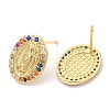 Rack Plating Brass Oval with Virgin Mary Stud Earrings with Colorful Cubic Zirconia EJEW-A103-04G-2