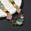 Brass Micro Pave Colorful Cubic Zirconia Rectangle & Square & Teardrop Link Chain Bracelets for Women BJEW-G764-07G-2