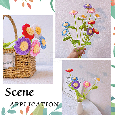 12Pcs 4 Colors Crochet Cotton Flower Ornaments with Iron Wire AJEW-FG0002-93-1