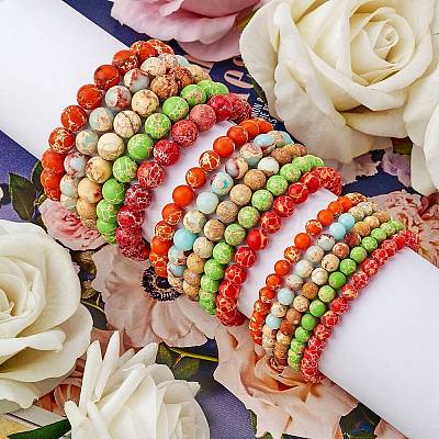 3Pcs 3 Size Synthetic Imperial Jasper Round Beaded Stretch Bracelets Set BJEW-SW00064-25-1