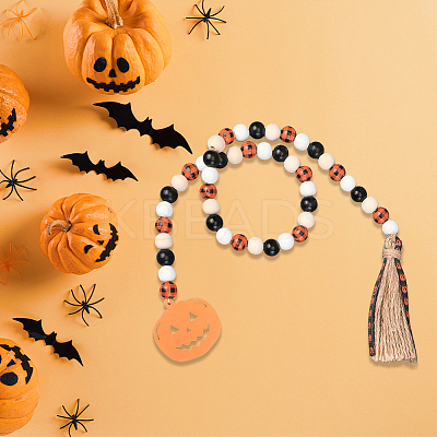 Halloween Round Natural Wood Beaded Wall Hanging Ornaments HJEW-WH20004-15-1