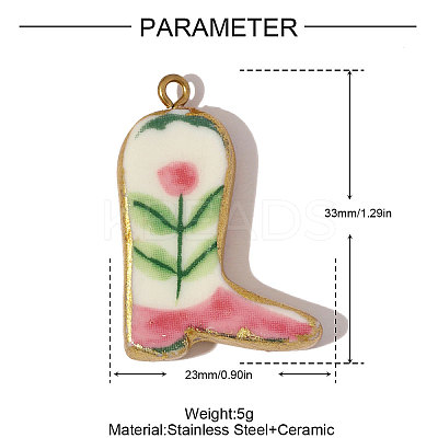 304 Stainless Steel & Floral Print Cowboy Boot Porcelain Pendants with Gold Trim STAS-OY006-49G-02-1