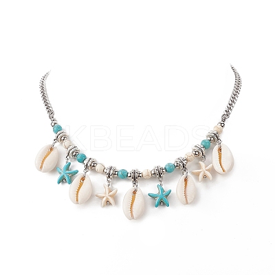 Synthetic Turquoise Starfish & Natural Shell Pendant Necklace NJEW-TA00063-1